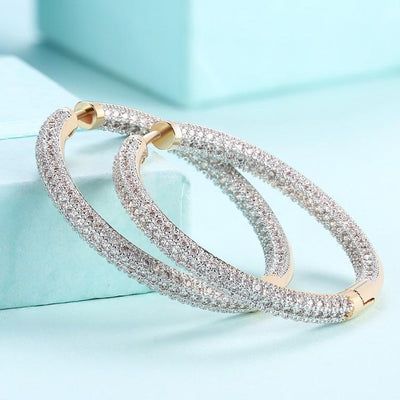 10.00 Cttw Austrian Elements Micro Pave' Hoop Earrings in 18K Gold Plated ITALY Design