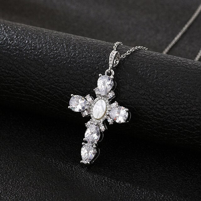 Shine Bright with the Shell Virgin Mary Cross Crystal Pendant Necklace