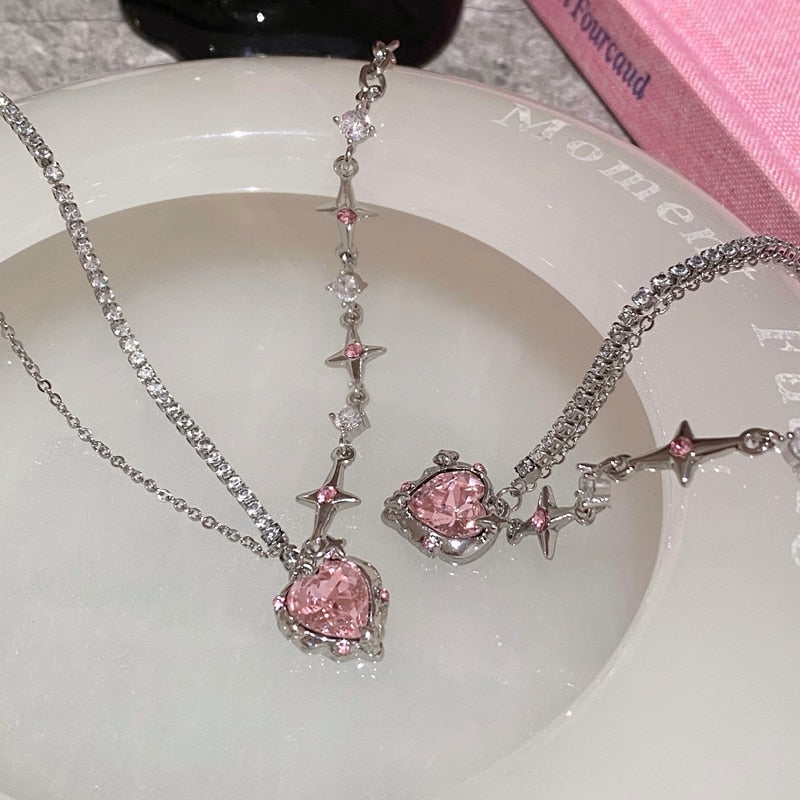 Sweet Pink Heart Crystal Necklace
