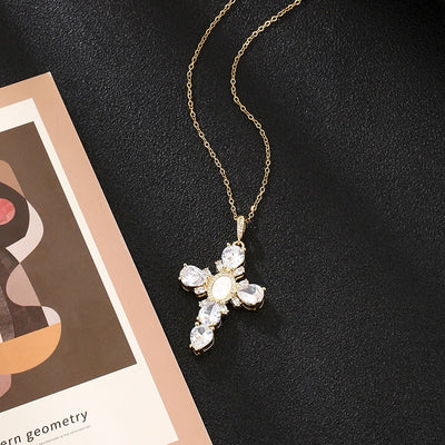 Shine Bright with the Shell Virgin Mary Cross Crystal Pendant Necklace