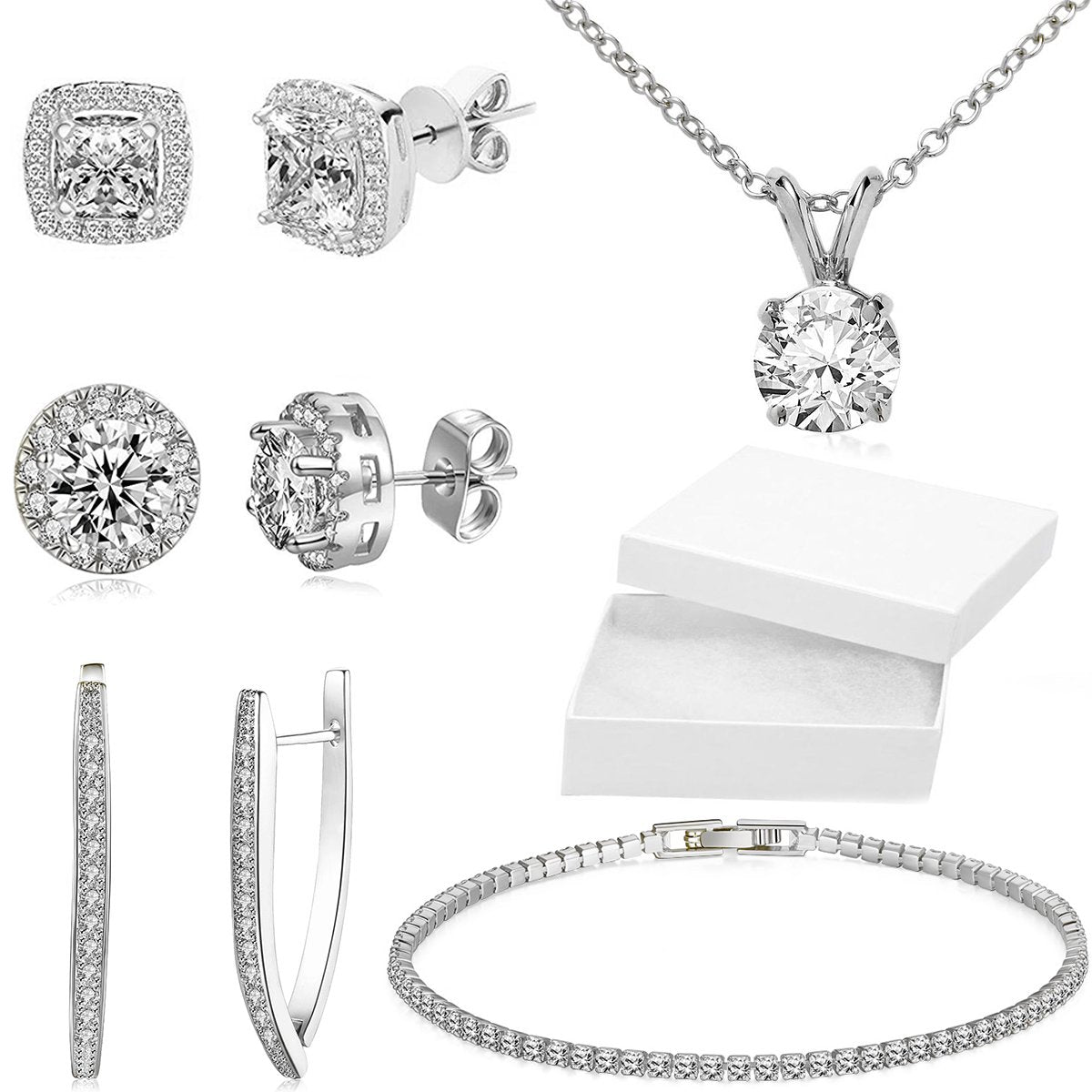 10Ct Tennis Bracelet + Halo Earring+ Necklace With  Crystals - 5 Piece Set with Luxe Box - 18K White Gold ITALY Design